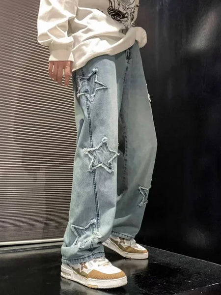 Alwanova Men's Star Embroidered Loose Jeans