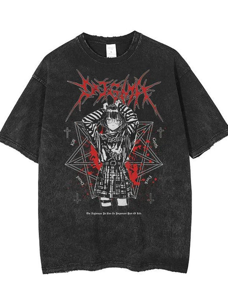 Retro Anime Printed Washed Tee - Wichuw