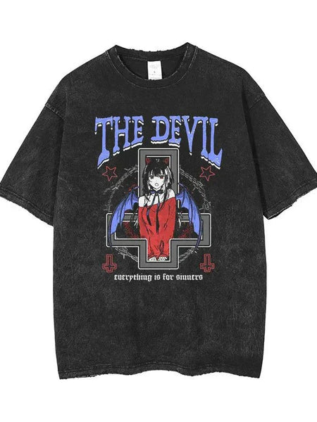 Retro Anime Printed Washed Tee - Wichuw